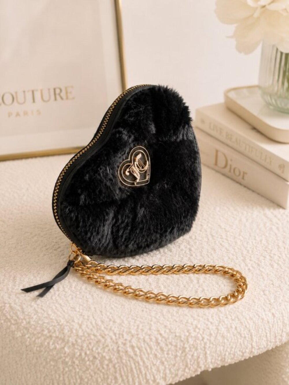 Juicy Couture Let’s Get Cozy Faux Fur Heart Wristlet Black Liquorice NWT